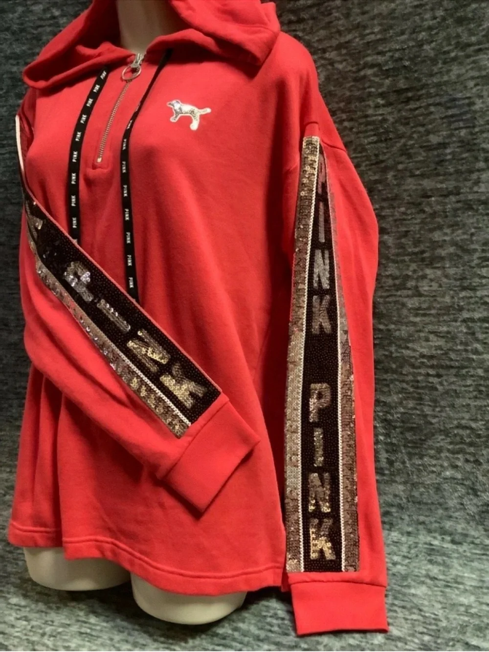 Victoria's Secret Pink Bling Campus Tunic Hoodie Neon Candy Coral Silver M - Picture 3 of 8